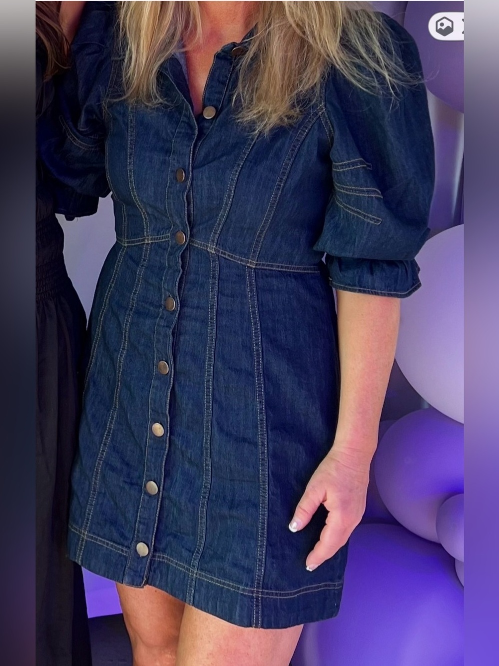 Anthropologie Dark Blue Denim Puff-Sleeve Button-Front Mini Dress